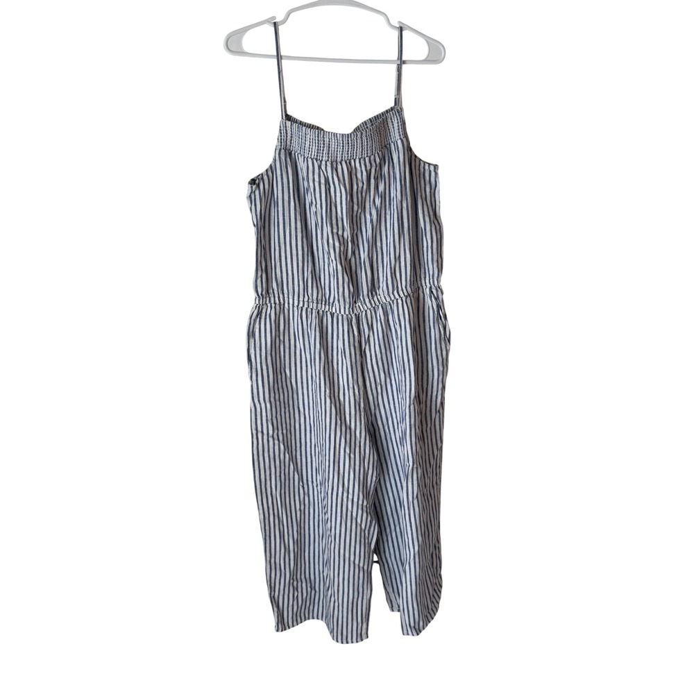 Beachlunchlounge Blue White Striped Linen Blend Smocked Wide Leg Jumpsuit L